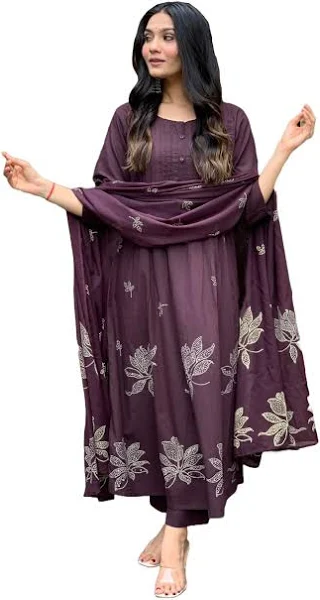 GoSriKi Women's Rayon Blend Anarkali Printed Kurta with Pant & Dupatta
