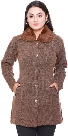 WOOL Women's Open Front Buttoned Fur Collar Neck Stylish Party Woolen Winter Wear Coat