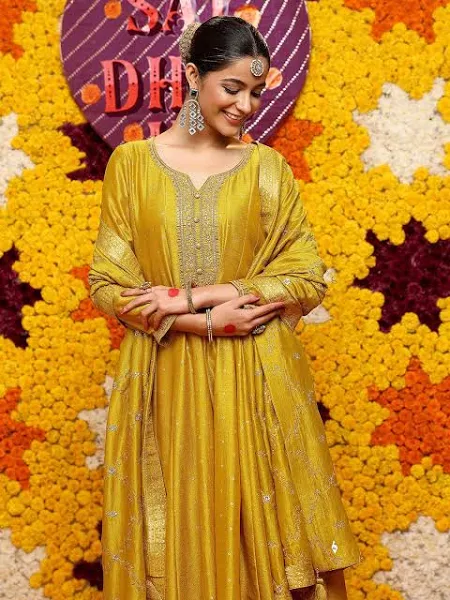 Libas Womens Mustard Embroidered Silk Blend A-Line Kurta With Palazzos & Dupatta